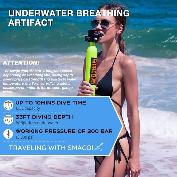 SMACO Mini Bouteille de Plongée 0,5L Petite Bouteille de Plongee (2 Pièces) Rechargeable Mini Bouteille d'oxygène Plongee 5-10 Minutes Bouteille Oxygene sous Marine Dispositif de Respiration S300 Plus