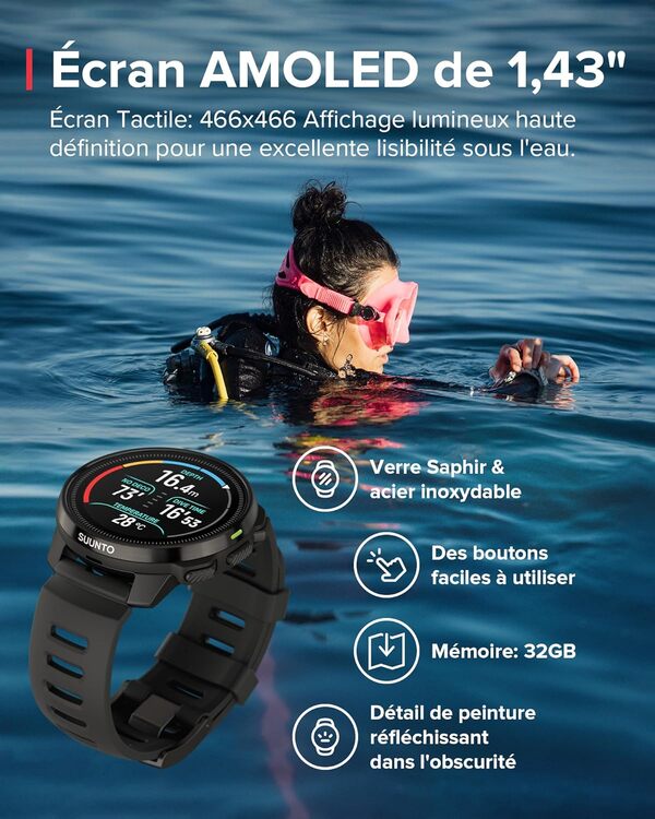 SUUNTO Ocean Ordinateur de Plongée Montre de Sport, Écran AMOLED, 10ATM/7 Bar, GPS GNSS Bi-Bande Carte Hors Ligne, 95+ Sports, Tracker d'Activités, Cardiofréquencemètre, 60H d'Autonomie en Mode Dive