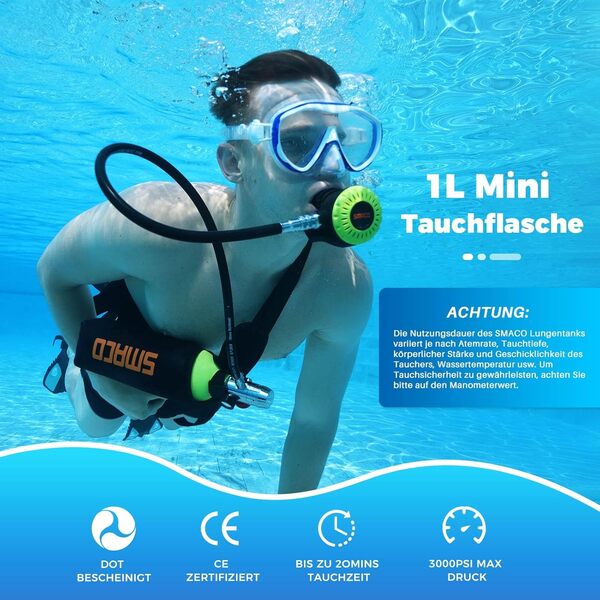 SMACO Mini Bouteille de Plongée Kit 1L Réservoirs de Plongée Support 15-20 Minutes Respiration sous-Marine équipement Réservoir d'oxygène de Plongée pour Le Travail sous-Marin/Bouteille de Rechange