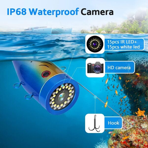 Camera sous Marine Peche, Moniteur 7 Pouces Appareil Photo Fish Finder 1000TVL Caméra étanche Câble 15m pour Pêche sur Glace, en lac et en Bateau