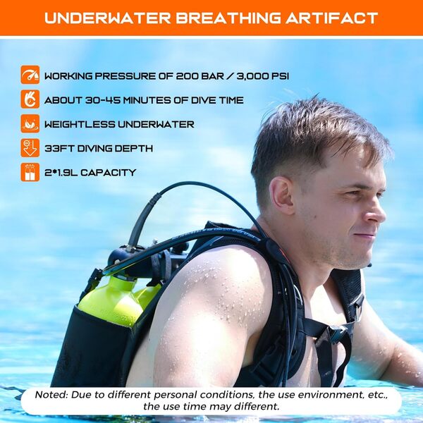 SMACO Mini Bouteille de Plongée Rechargeable 2L Double Bouteille de Plongee avec 30-45 Minutes 2 x 2L Petite Bouteille d'oxygène Plongee pour Plongée Récréative, Exploration sous-Marine S700 Max