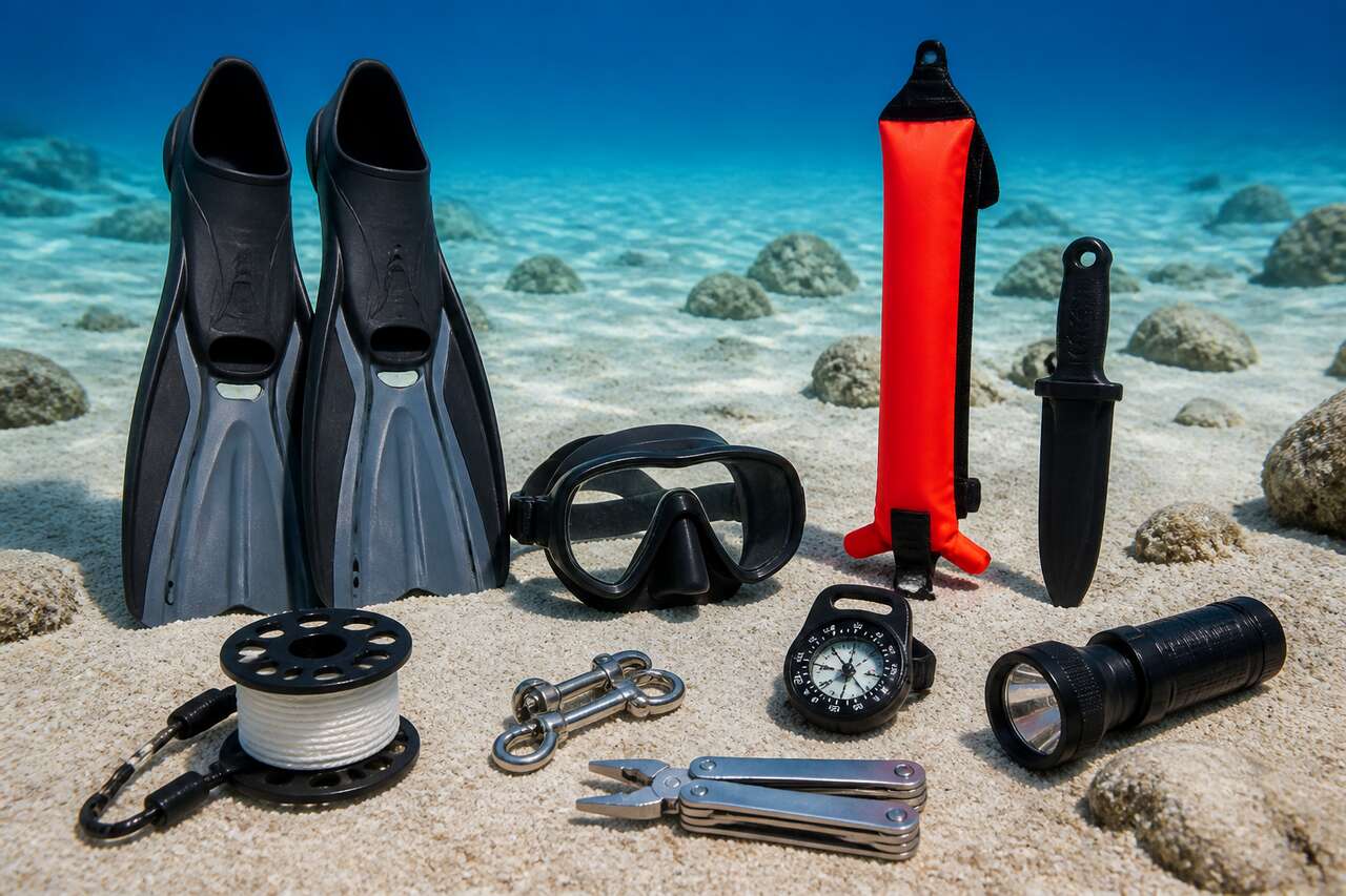 Le socle indispensable: masque, palmes, outils de contr&ocirc;le et signalisation